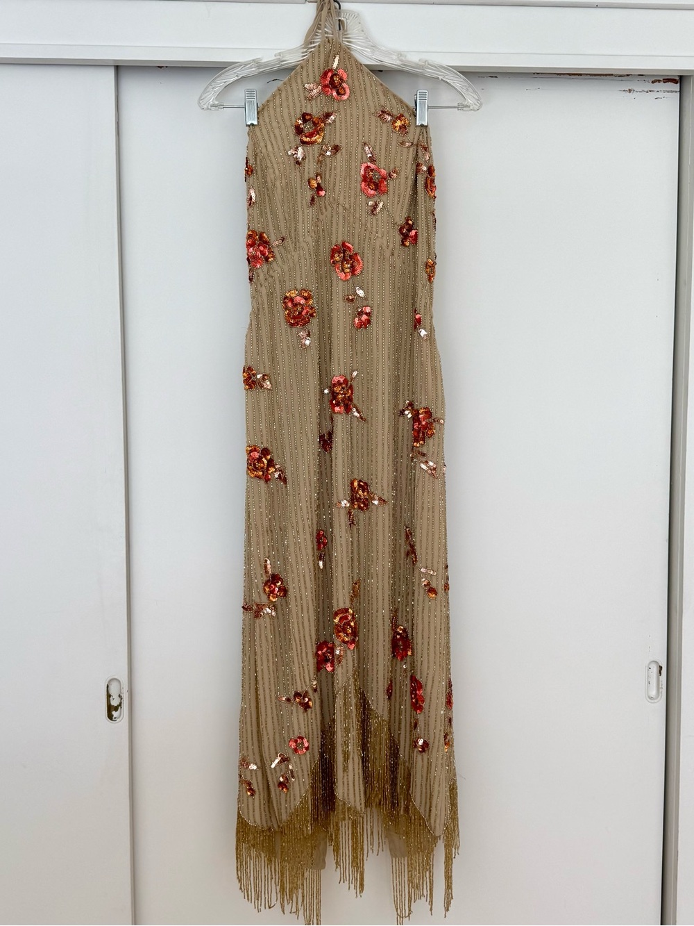 ASOS Beaded Fringe Halter Evening Dress with Floral Sequins Size 10
